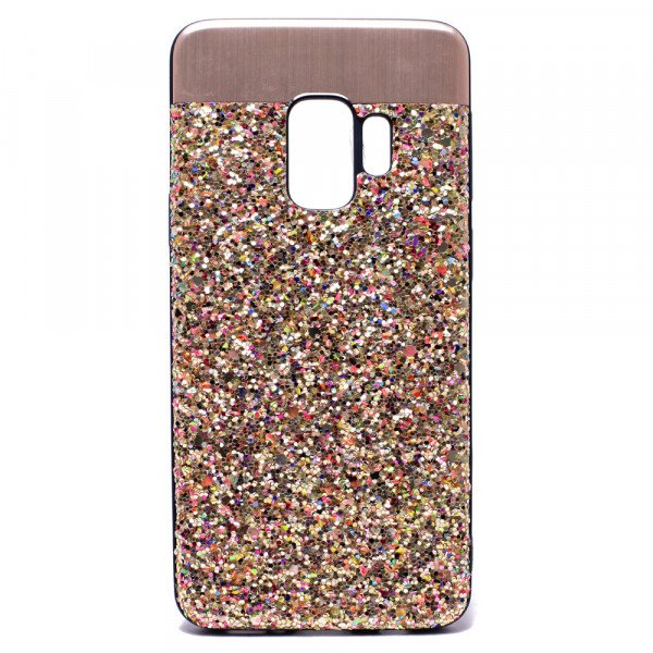 Wholesale Galaxy S9 Sparkling Glitter Chrome Fancy Case with Metal Plate (Gold)